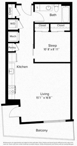 Floor plan for 1 bed, 1 bath, 635 sqft